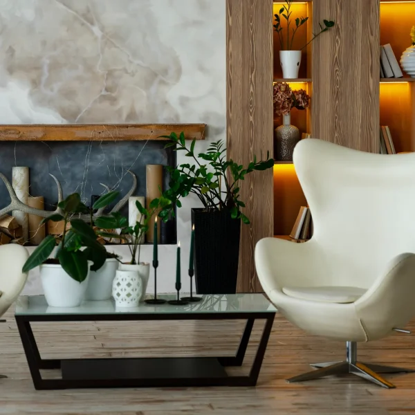 interior design room with armchair potted plants